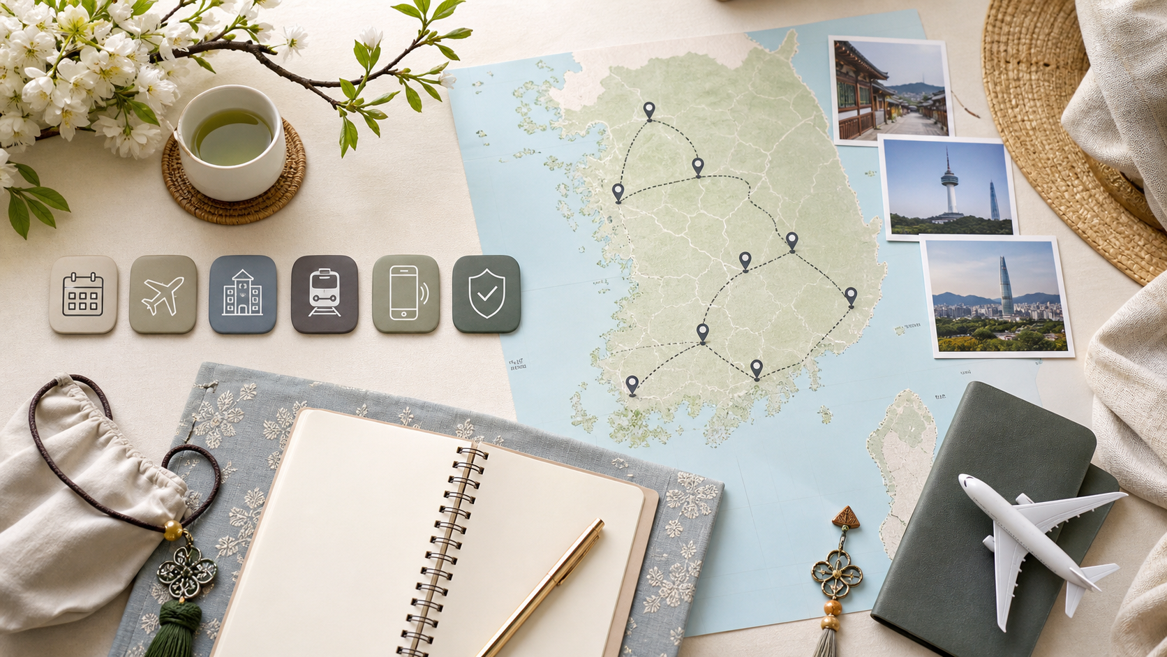 Korea trip booking order planner with route map calendar hotel train and arrival essentials