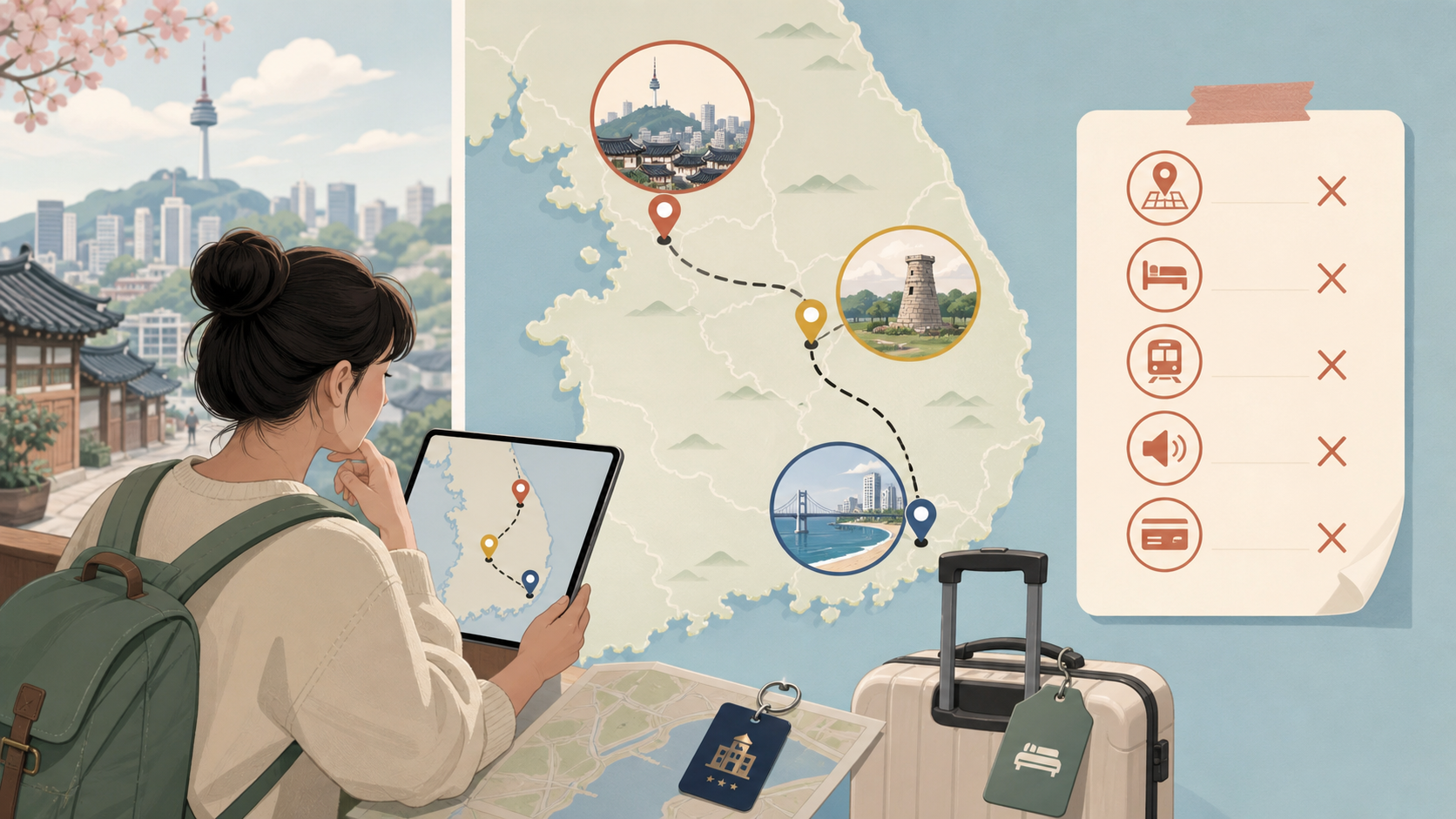 Korea hotel booking mistakes planner with luggage hotel key and route map