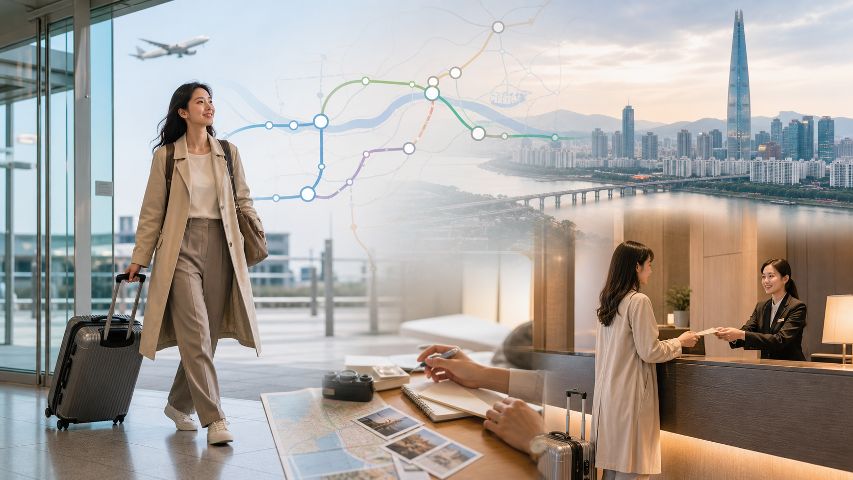 Korea arrival day plan from Incheon Airport to Seoul with suitcase airport rail and hotel check in