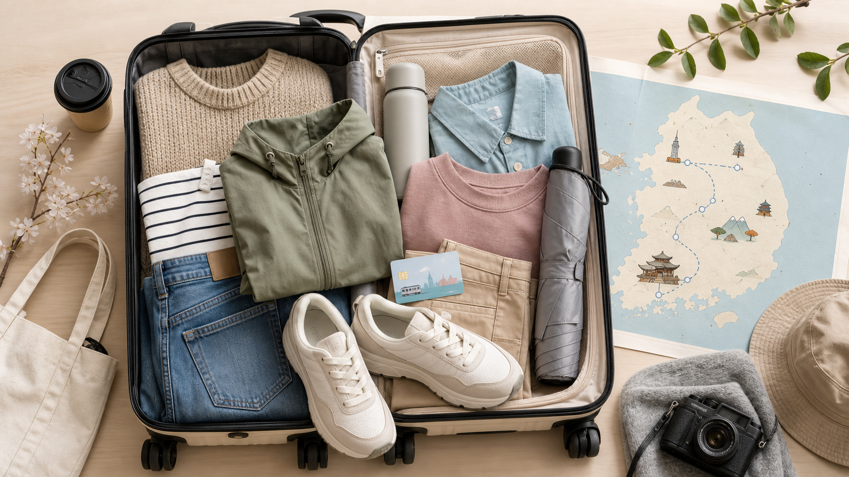 Korea first trip packing essentials with suitcase seasonal clothing transit card and route map