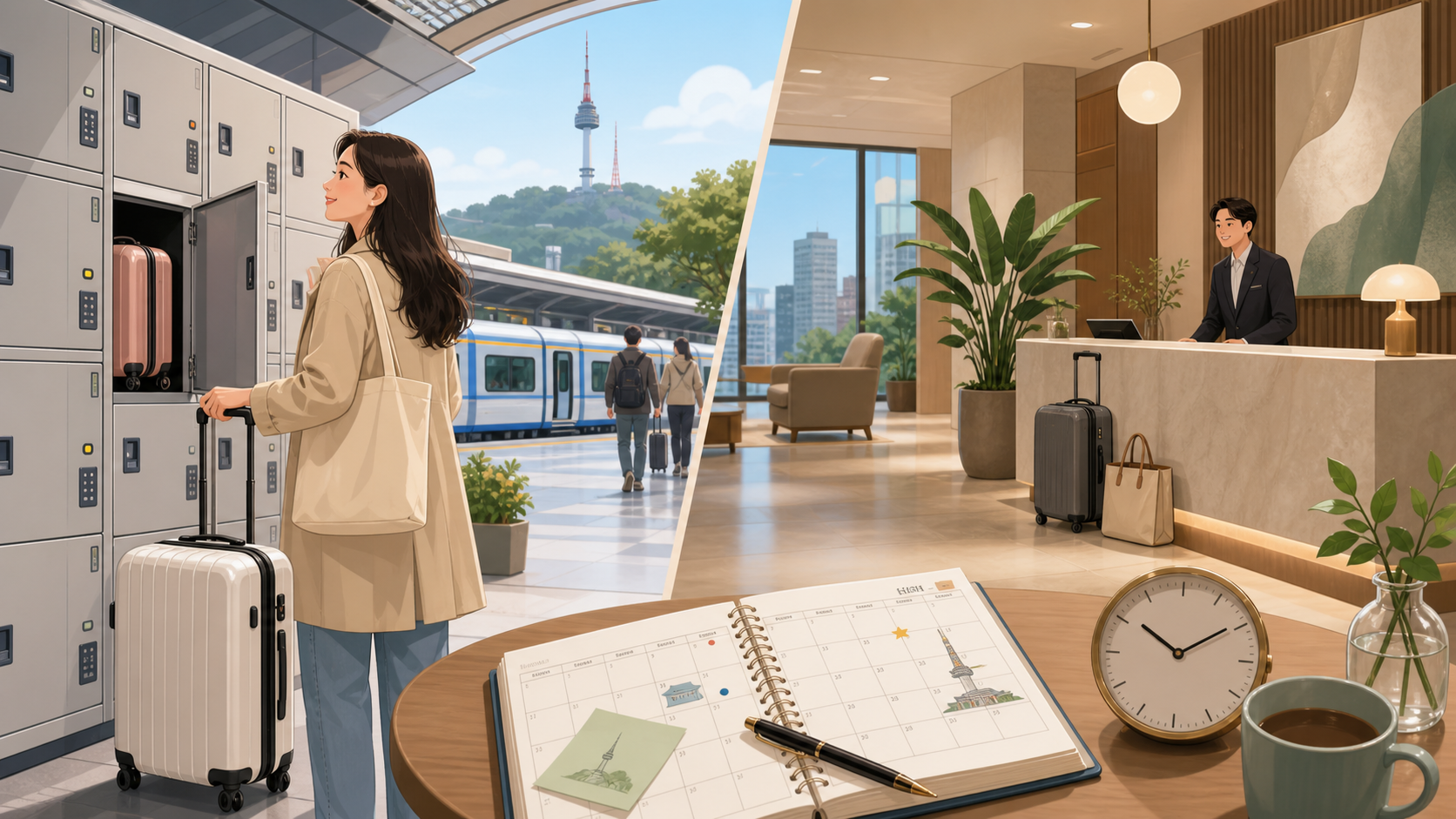 Korea luggage storage and hotel check-in planning with suitcase station lockers and hotel lobby