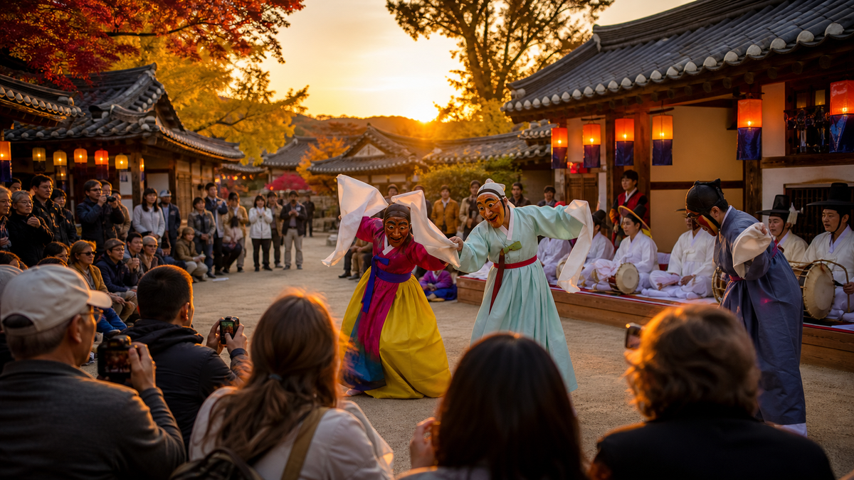 Traditional mask dancers performing for travelers at an autumn festival in Andong, Korea