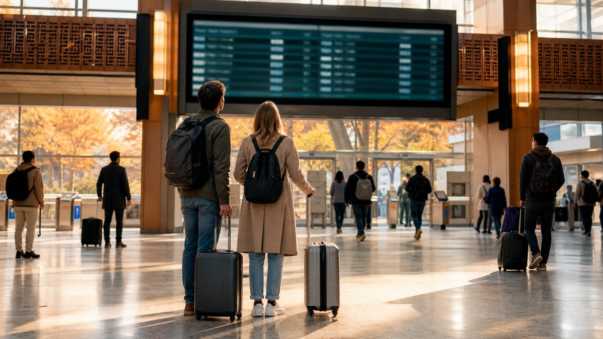 Travelers with luggage in a Seoul station during the Chuseok holiday period