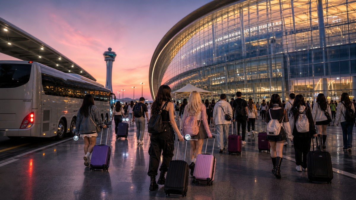 International K-pop fans with luggage arriving by shuttle near Inspire Arena in Incheon at dusk