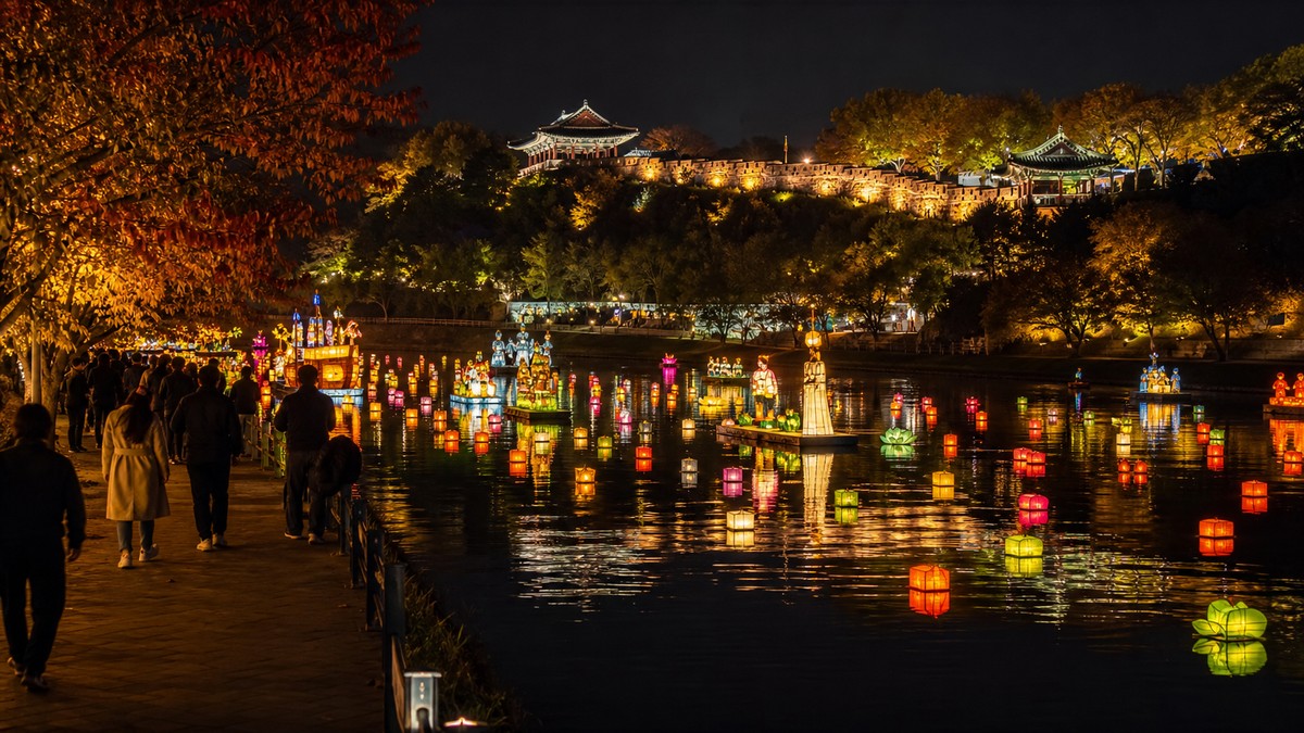 Lanterns reflecting on the Namgang River at a Korean autumn night festival