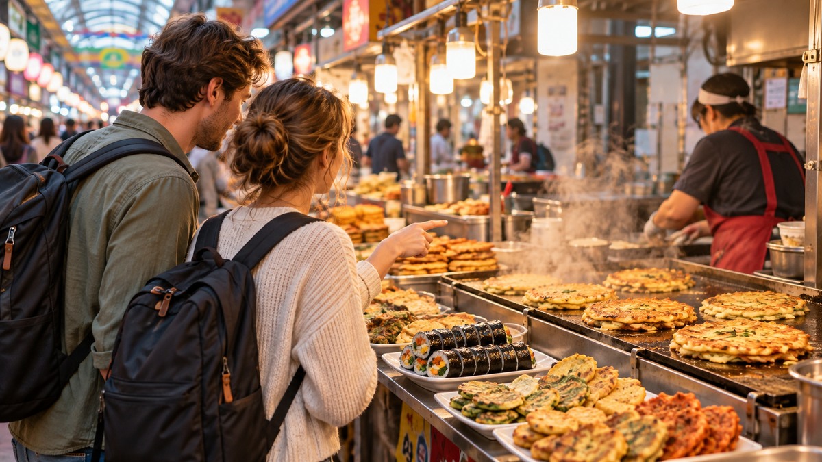 Travelers choosing Korean market food at a Seoul traditional market counter