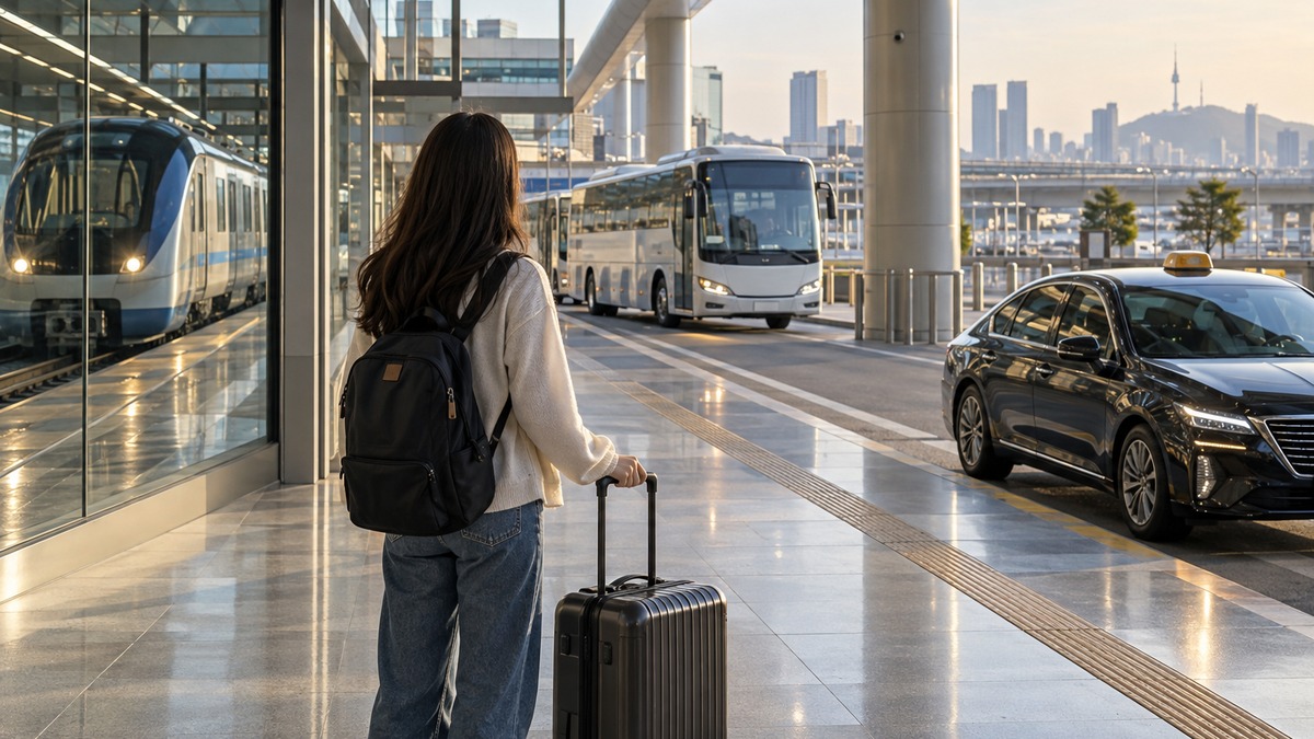 Traveler with luggage comparing train, airport bus, and taxi options from Incheon Airport to Seoul