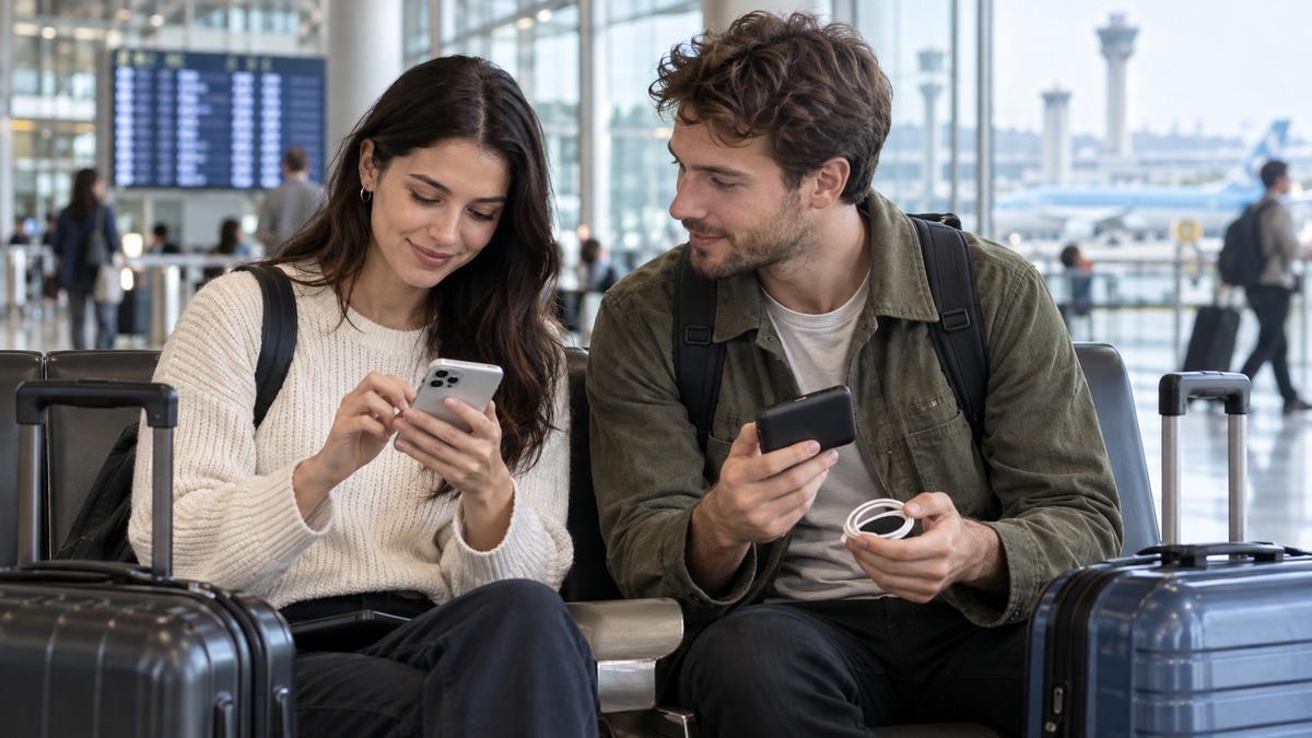 Two international travelers compare a smartphone eSIM with a pocket WiFi device at a Korea airport