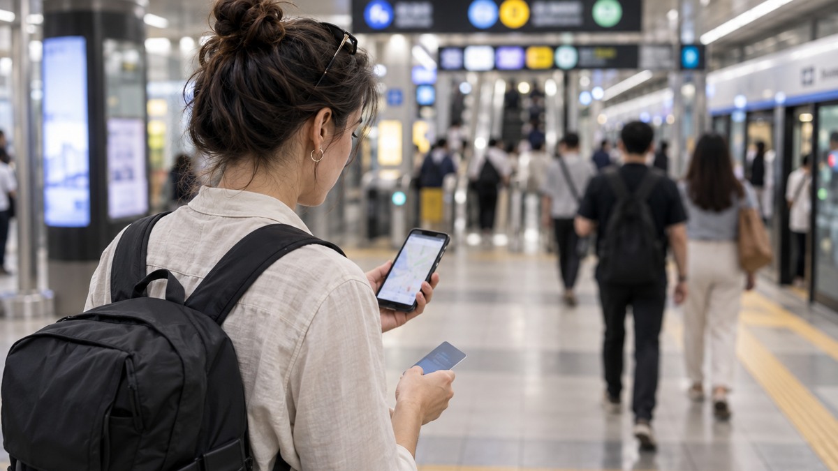 International traveler uses a smartphone map and transit card inside a modern Korea subway station
