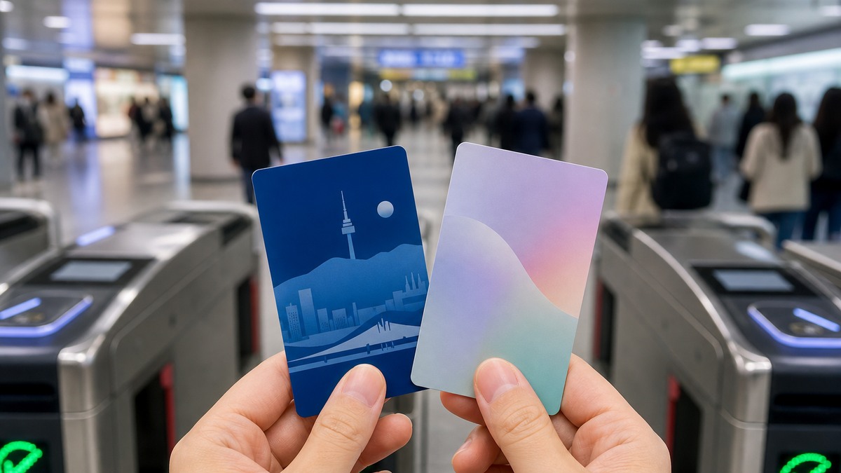 Two transit cards compared at a Seoul subway gate for tourists choosing between Climate Card and T-money