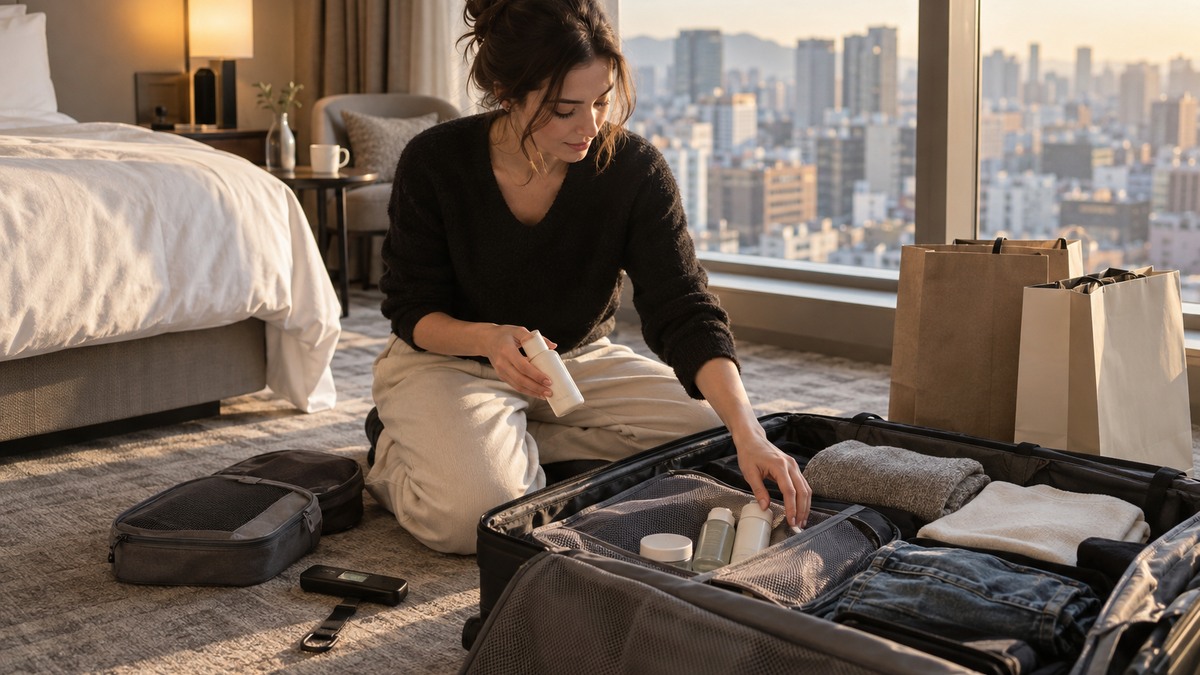 Traveler packing Seoul shopping purchases into a suitcase in a hotel room near the end of a Korea trip