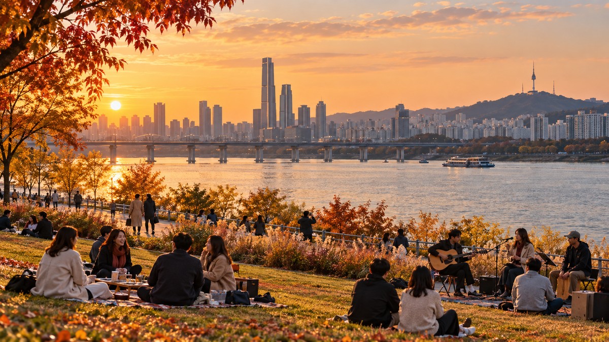 AI-generated editorial illustration of an autumn Hangang riverside gathering; not a view of a specific festival venue.