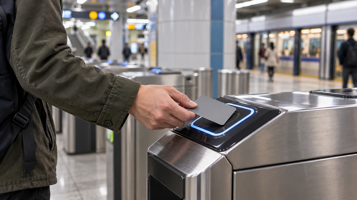 Traveler tapping a generic transit card at a Seoul subway fare gate